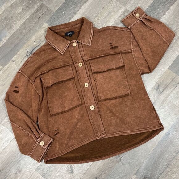 Oddy Distressed Jersey Knit Shacket Cropped Brown Medium Large - Picture 13 of 13